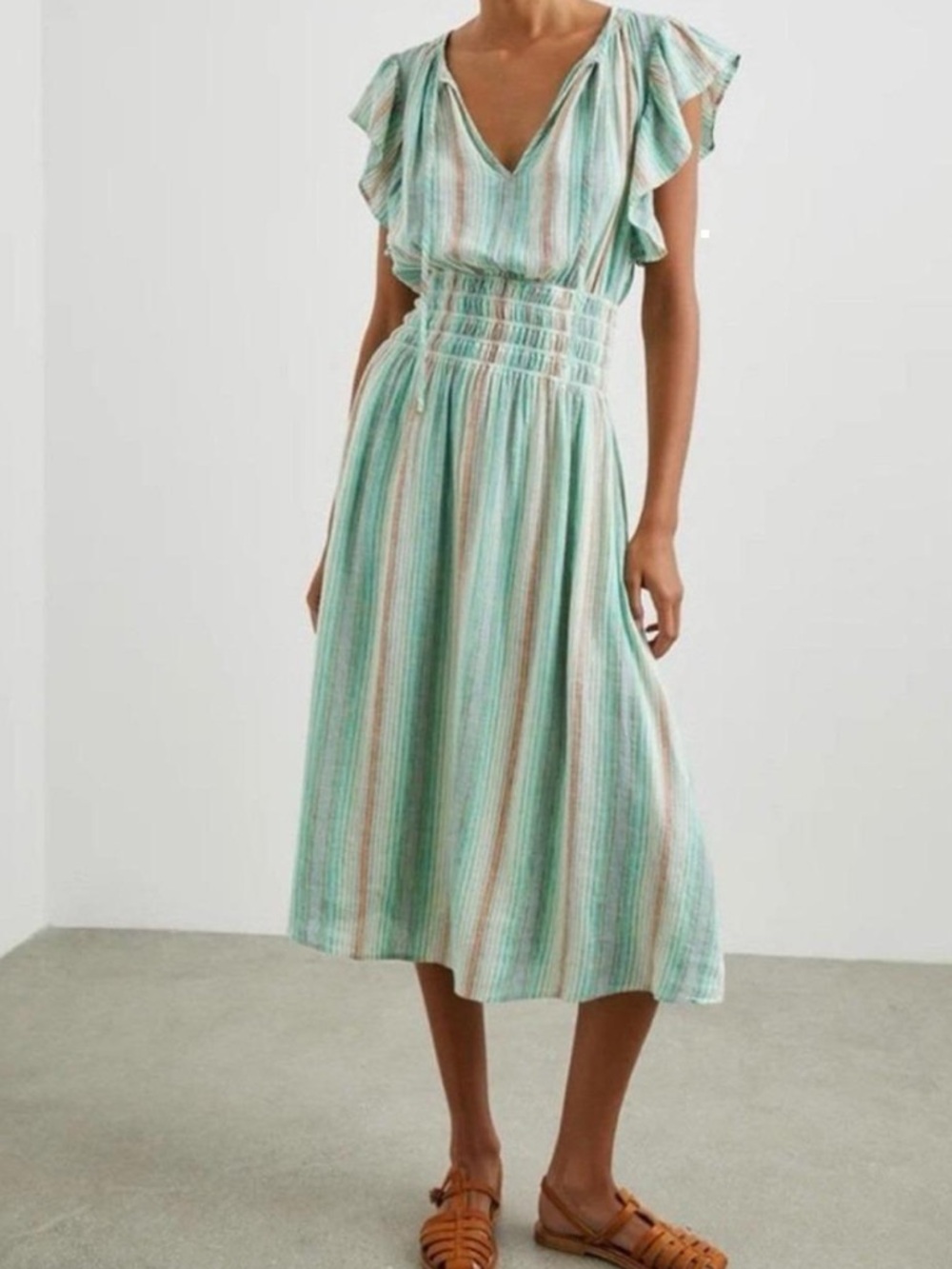 Rails Striped Ruffle Sleeve Dress - Blue and Tan